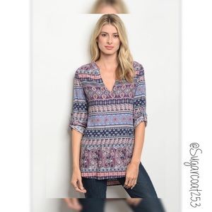 •Petal Roz• Navy & Pink Pattern Blouse